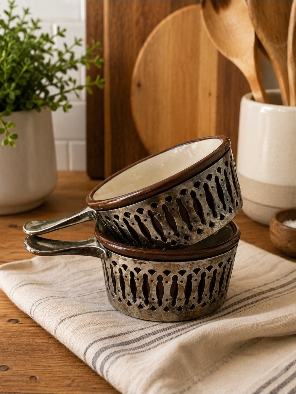 Weller Stoneware Vintage Ceramic Ramekins with Stainless Steel Holders Set of 2